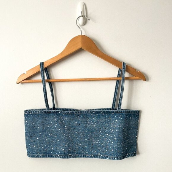 Zara Rhinestone  Jewel Denim Crop Top Blue Blogger Fav Size Small NWT - Picture 8 of 12